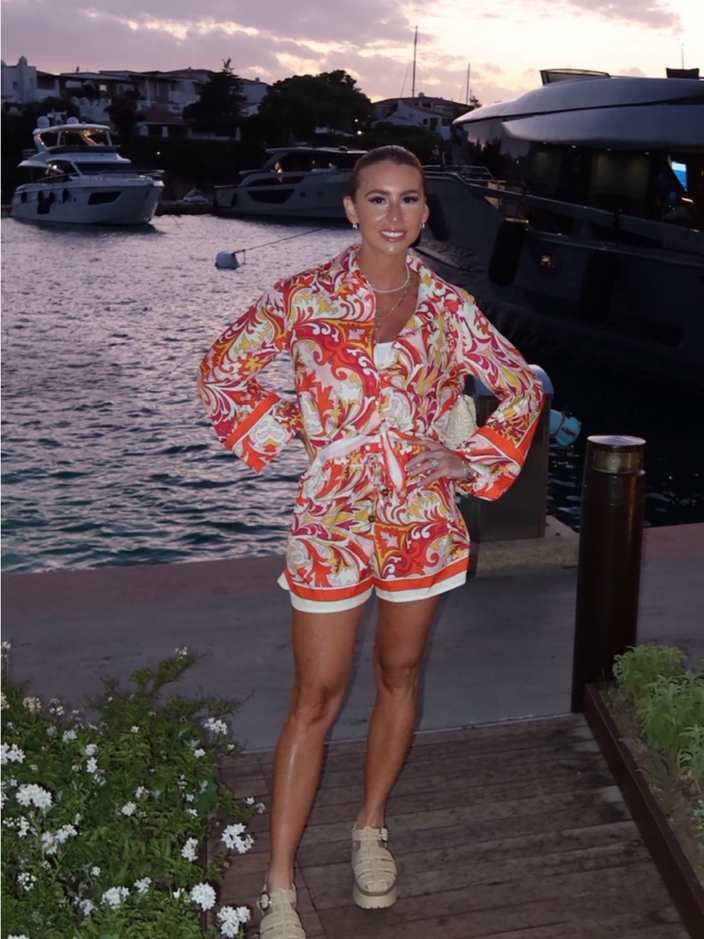 Vibrant Orange & White Printed Short Set